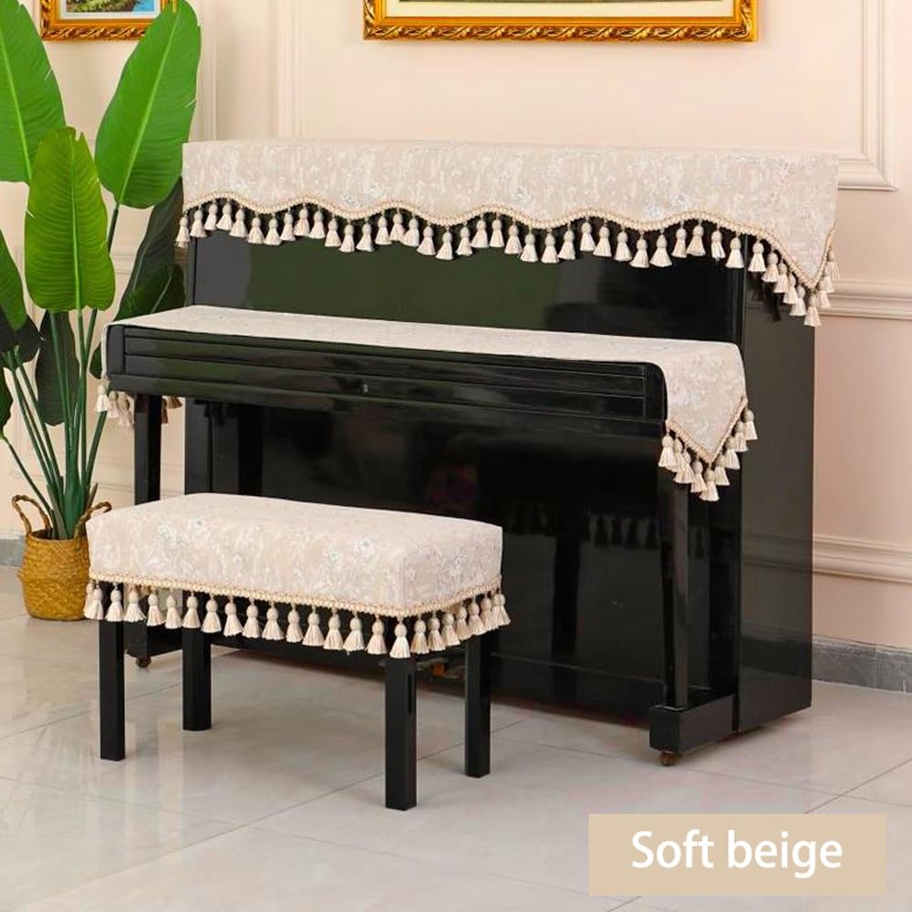 Zestaw osłon przeciwpyłowych do pianina — odporny na zużycie aksamit z wiszącymi frędzlami 3D, pasuje do standardowych pianin(Top+Keyboard+Single Bench Set)