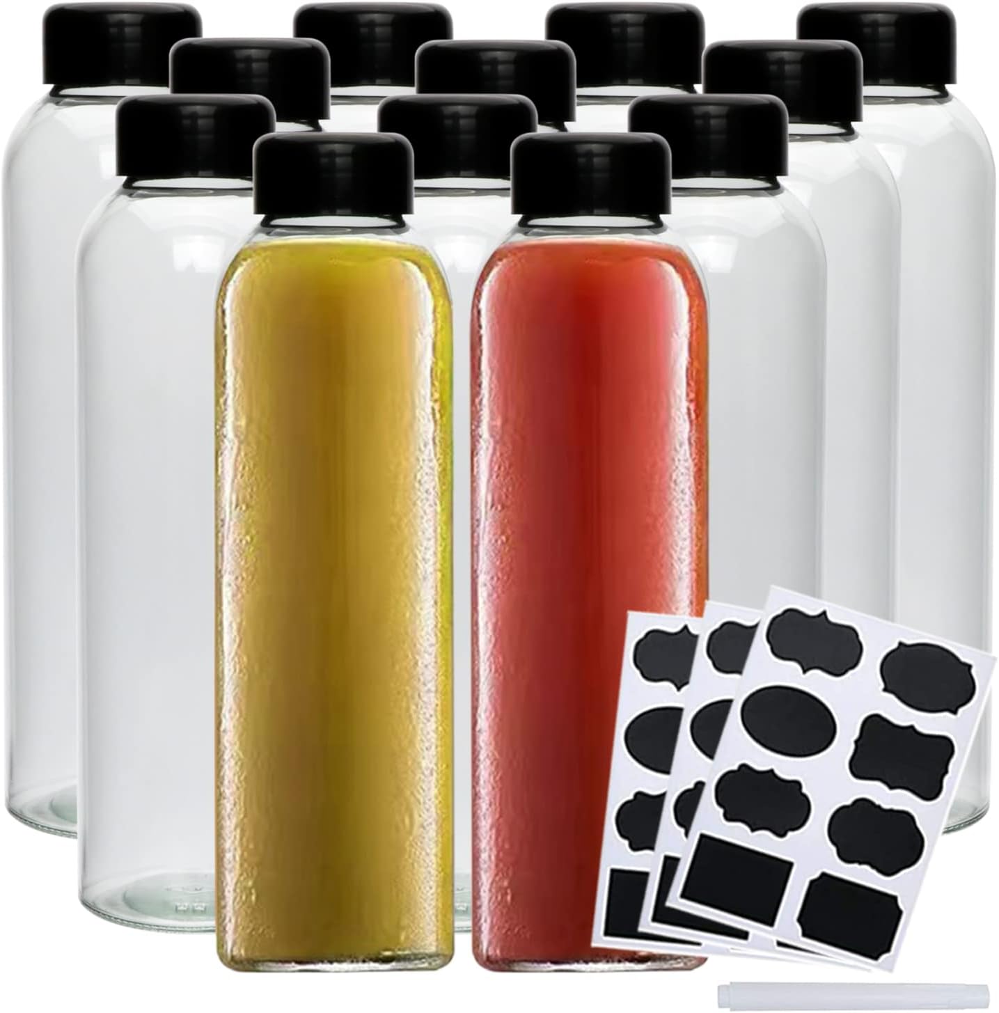 Datttcc 16 Oz Glass Water Bottles,Reusable Glass Juicing Bottle with Black Plastic Lids,Bulk Water Bottles for Water,Juicing,Beverages,Kombucha,Tea,Drink(Total of 12)