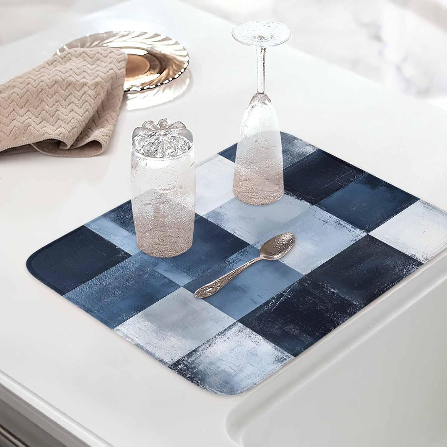 Dish Drying Mat Set of 2 Abstract Navy Blue Microfiber Absorbent Reusable Washable Dish Drying Rack Mat Modern Art Coffee Mat for Coffee Maker Bar Kitchen Countertops 16x18inch