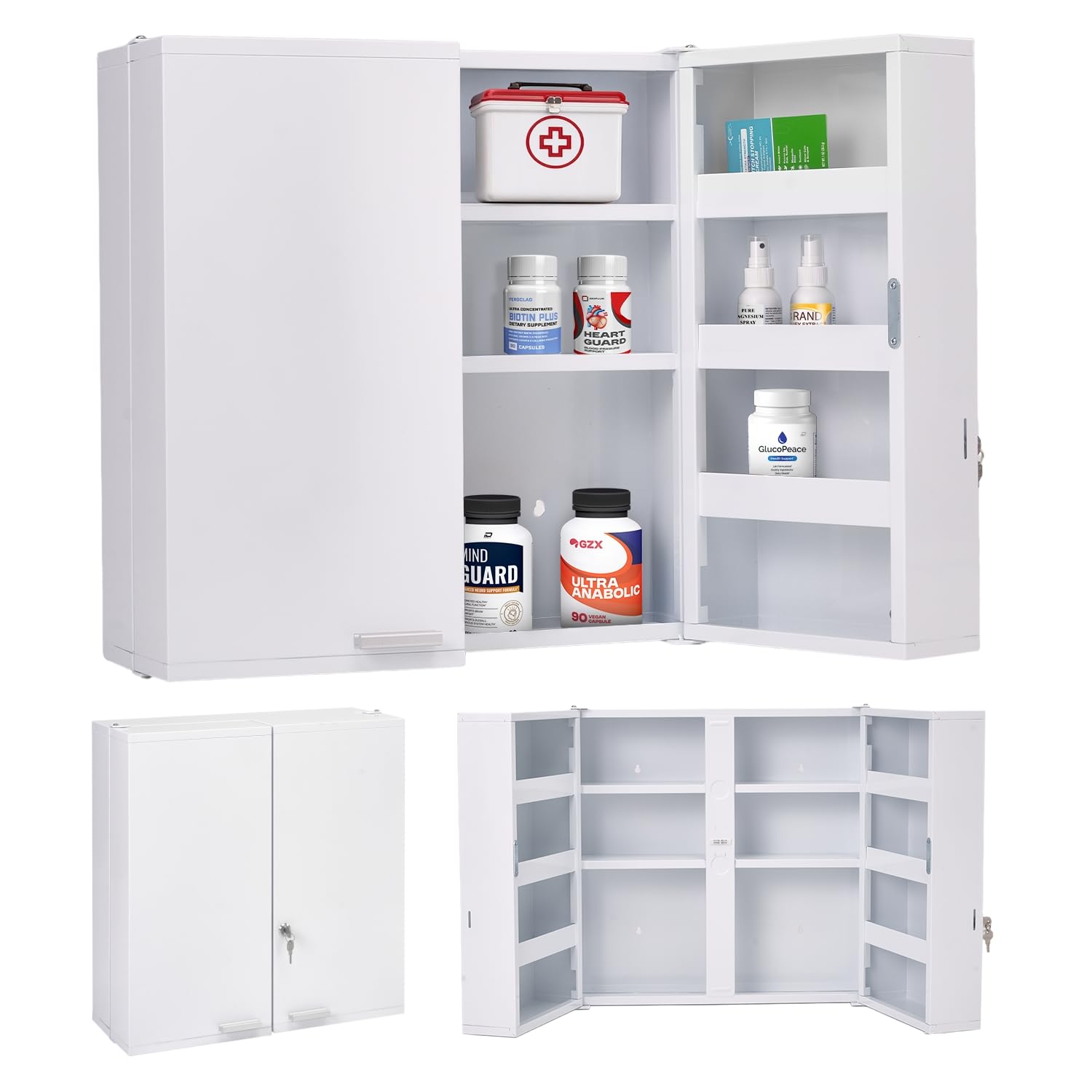 Gabinetes de almacenamiento de metal con cerradura, armario de pared de baño de gran capacidad con 11 estantes, botiquín con cerradura para almacenar medicamentos y suministros médicos