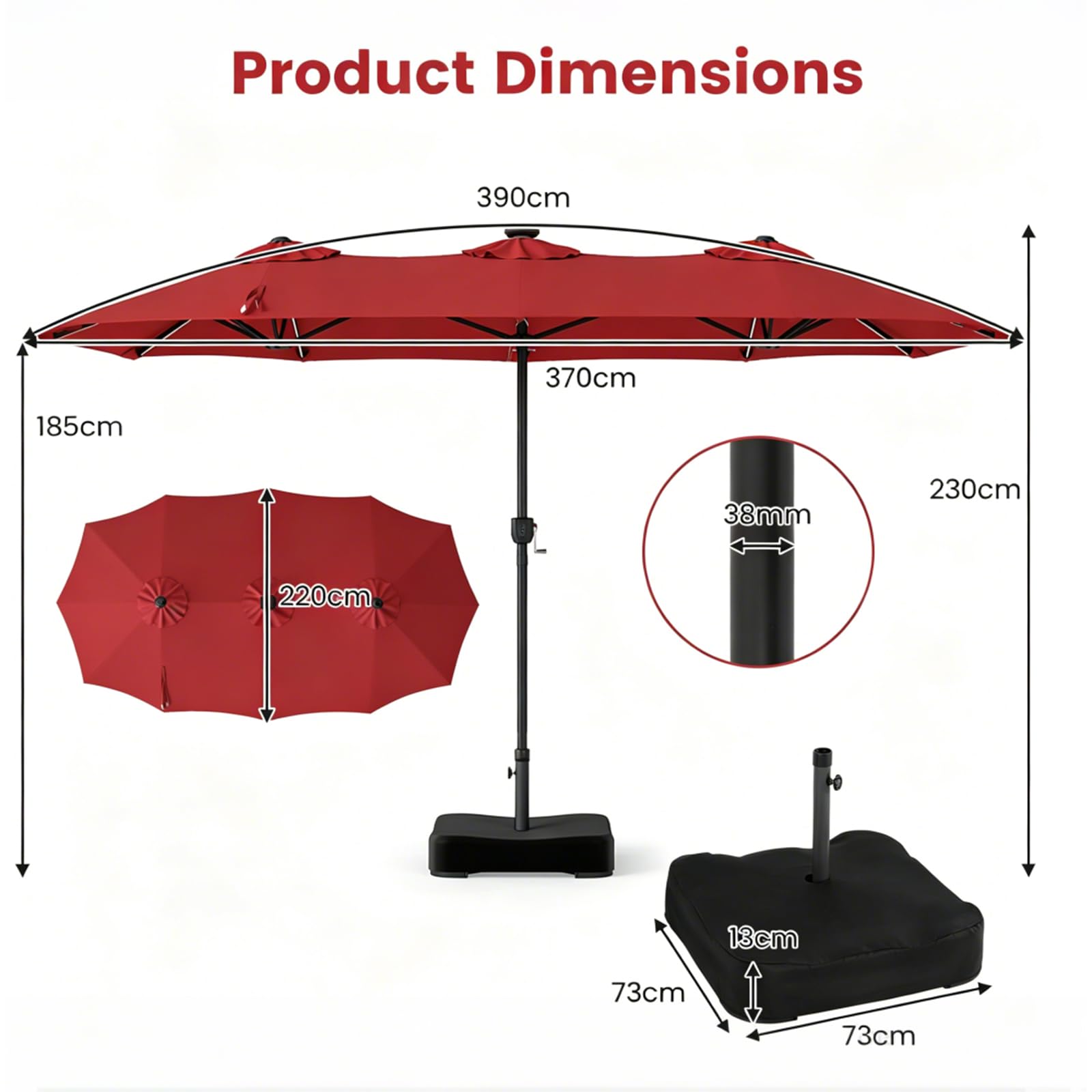 RELAX4LIFE 4M Grand Parasol Double avec LED Multicolore, Pied Inlcus