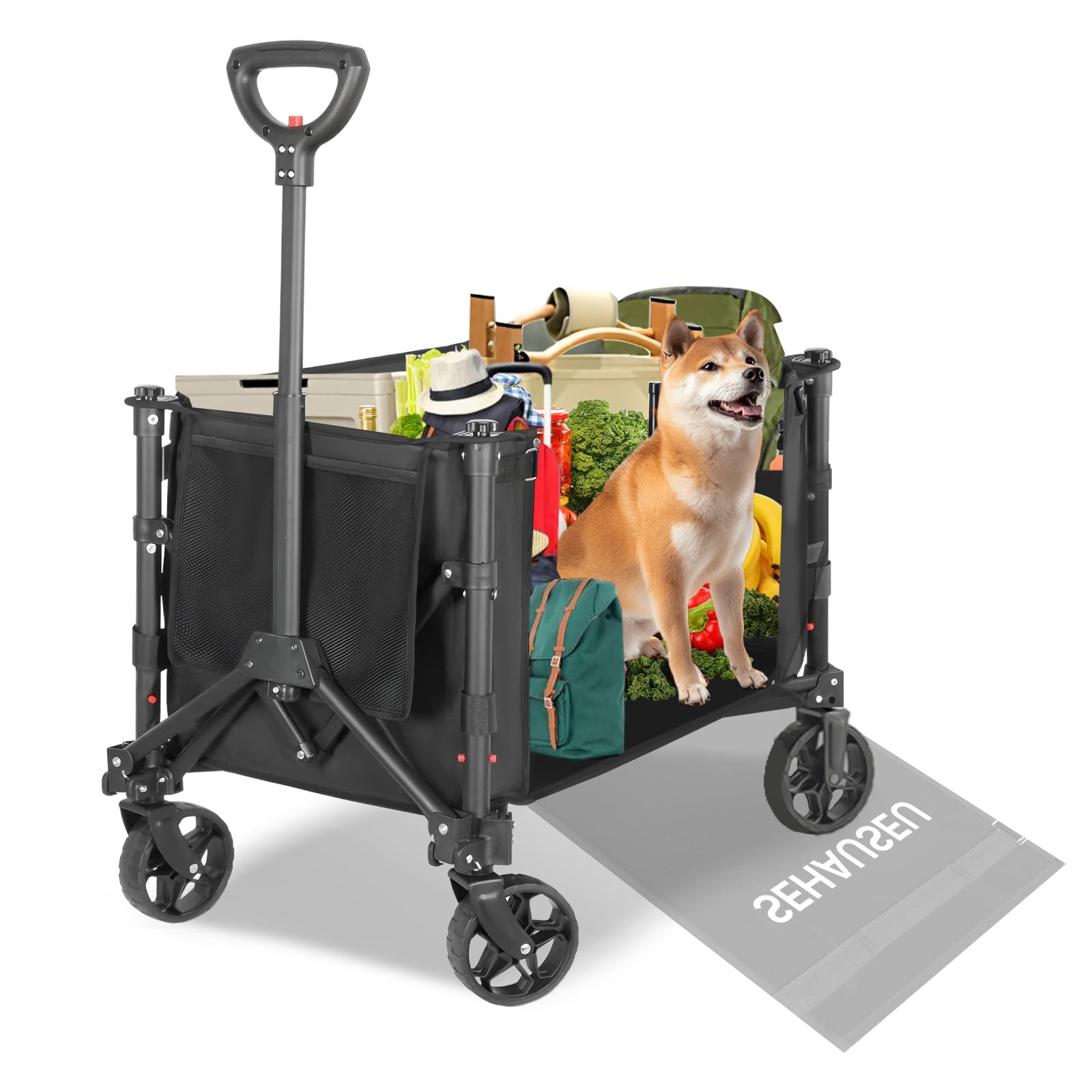 Wózek kempingowy składany z hamulcami, wózek plażowy na dużych kołach terenowych, chowany uchwyt, wózek ogrodowy, Heavy Duty 600D, 120 l, 100 kg, na zakupy, piknik, kemping, do transportu, czarny