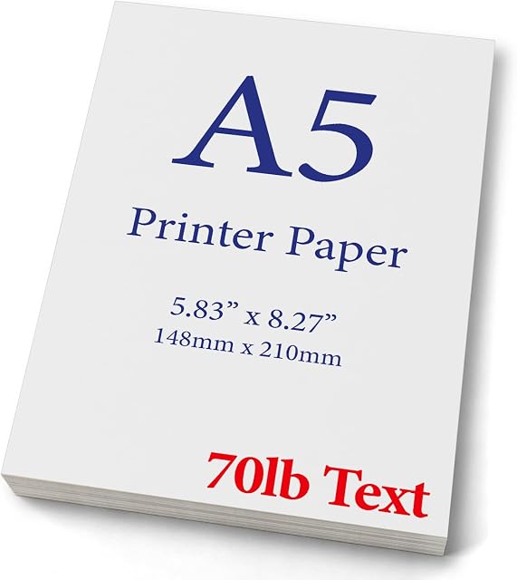 Prime A5 (8.3"x 5.83") Papier à imprimer - 70lb Texte (105 gsm) Livre blanc brillant (100 Feuilles)