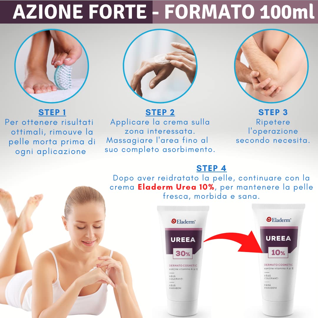 Crema Urea 30%, 100ml, Eczemi, Cheratosi, Psoriasi, Eruzioni Cutanee, Dermatite, Prurito, Piedi Secchi, Talloni Screpolati, Calli, Duroni | Idratazione Profonda | Vitamin A, E, Burro di karitè