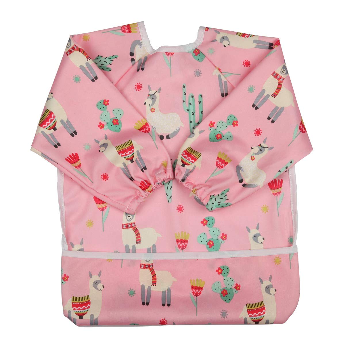 Sigzagor Baby Bib Sleeved Shirt With Pocket 1-3 years Toddler Painting Girls (Pink Alpaca)