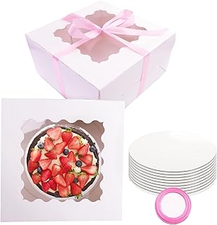 GUIFIER 10 Pack Cake Boxes 10 inch with Cake Boards and Pink Ribbon, Paper Bakery Boxes 10x10x5 inches Cake Box with Window Pastry Boxes for Cakes, Pastries, Cookies, Strawberries, Donuts, Pies(White)