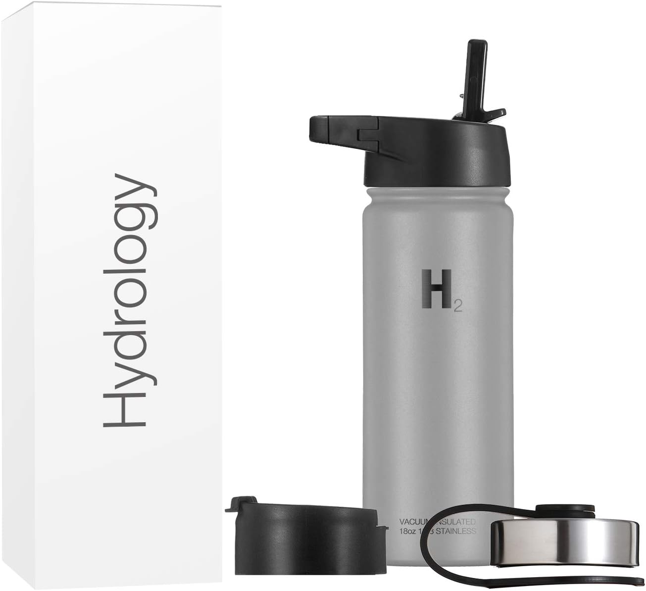 Hydrology Water Bottle - 22 oz, 32 oz, 40 oz, or 64 oz with 3 LIDS Double Wall Vacuum Insulated Stainless Steel Wide Mouth Hydro Sports Hot & Cold Flask (Graphite, 18 oz)