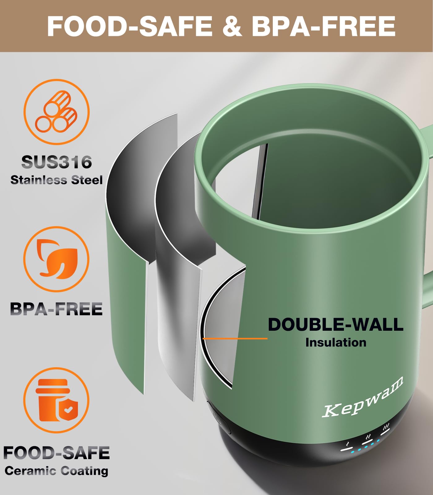 Kepwam Taza de café con calefacción T1-16 onzas, calentamiento rápido y mayor duración de la batería, taza de café autocalentable hasta 65.0 °C, botón físico y control por aplicación, taza calentadora
