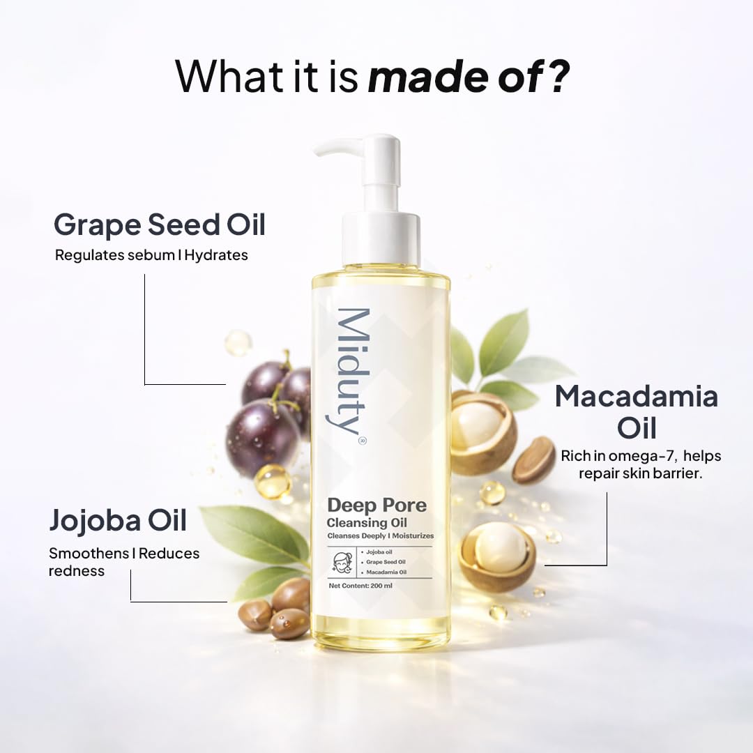 Miduty Deep Pore Cleansing Oil Non Comedogenic | Gentle Cleanser For All Skin Type - Unclogs Pores | Double Cleansing for Waterproof Makeup, Sunscreen & Dirt - 200ml
