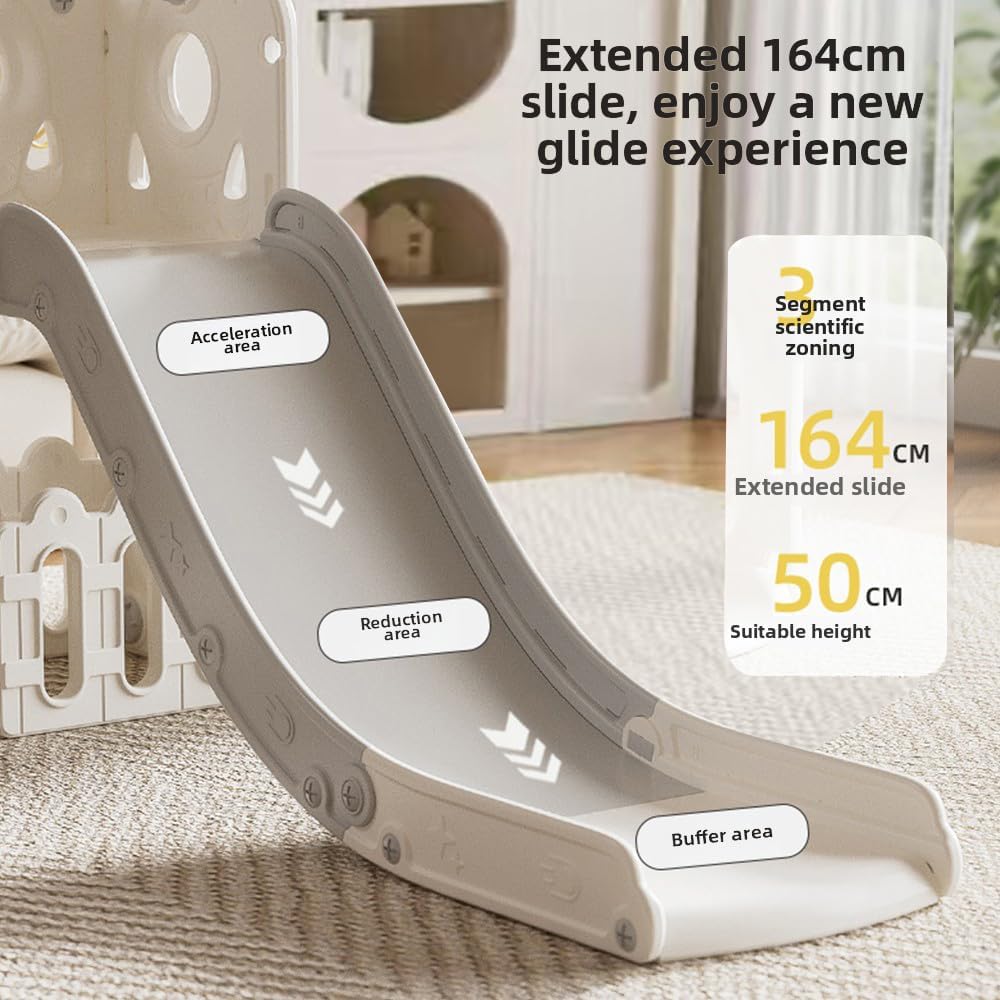 Kids Slide,8 in 1 Toddler Slide Set,Multifunctional Toddler Slide,with Basketball Hoop,Basketball(Pump),Steering Wheel,Telescope,Storage,Extra Long Slide(Grey White)