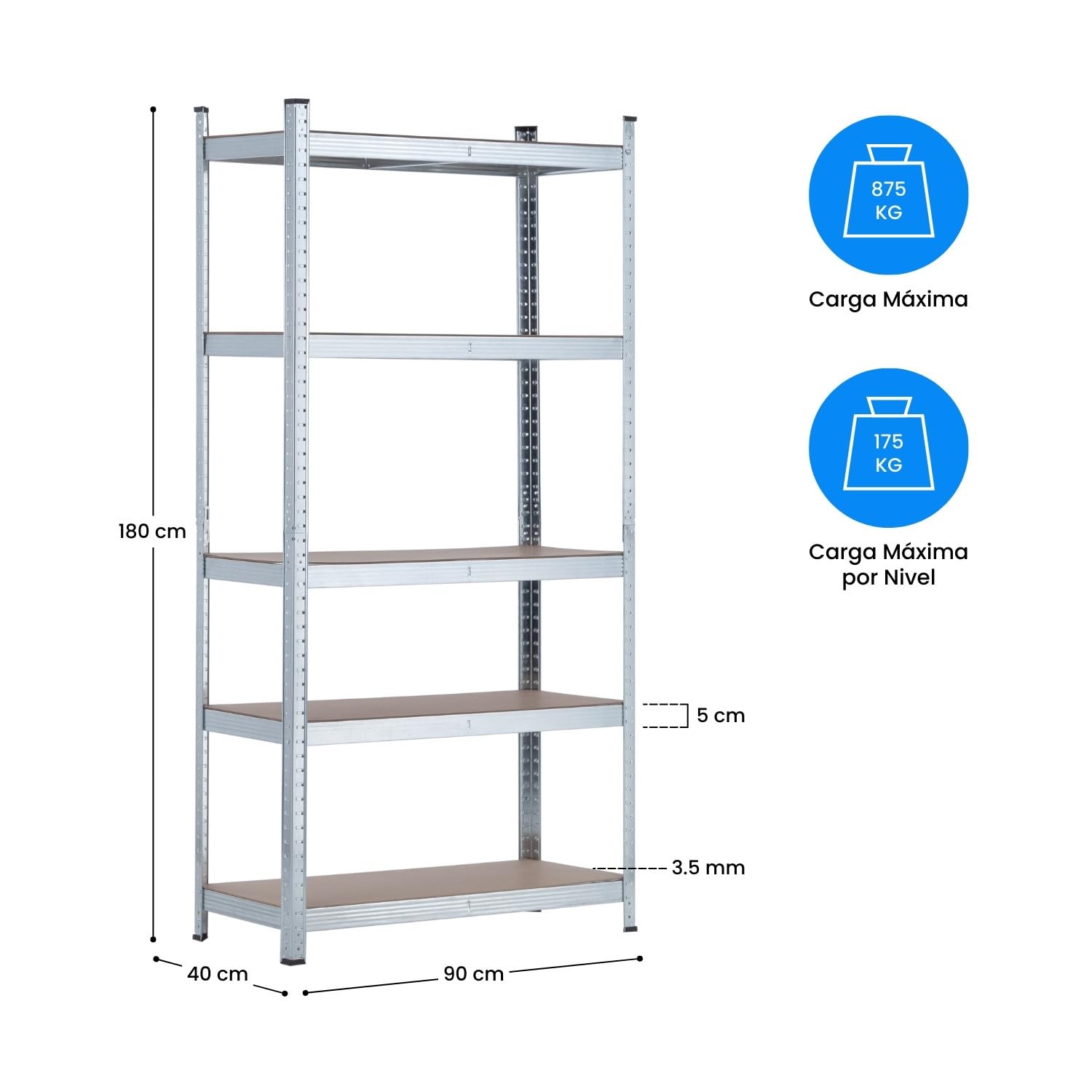 7H Seven House - Estantería Modular Almacenaje (Pack 2), Acero Galvanizado y MDF Antihumedad, Hogar, Trastero, Garaje, 5 Baldas Ajustables, Carga Máxima 875Kg, 90x40x180cm (Largo x Ancho x Alto)