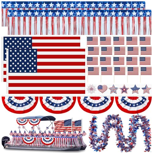 Mindsoft 36 Pcs 4th of July Boat Parade Decoration Kit Patriotic Red Blue White Parade Float Decor Fan Flags American Flags Patriotic Stickers Garlands and Fringe Curtains for Independence Day