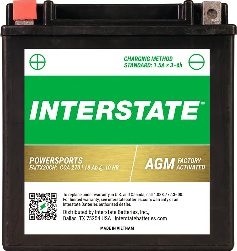 Interstate Batteries YTX20CH 12V 18Ah Powersports Battery 270CCA Factory Activated SLA AGM Rechargeable Replacement Battery for Motorcycles, ATVs,