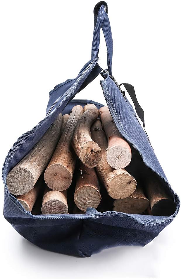 Canvas Log Carrier Tote, Large Capacity Log Carrier Bag Indoor Fireplace Storage Bag Fireplace Stove Accessories Firewood Holder with Handles for Camping,Blue