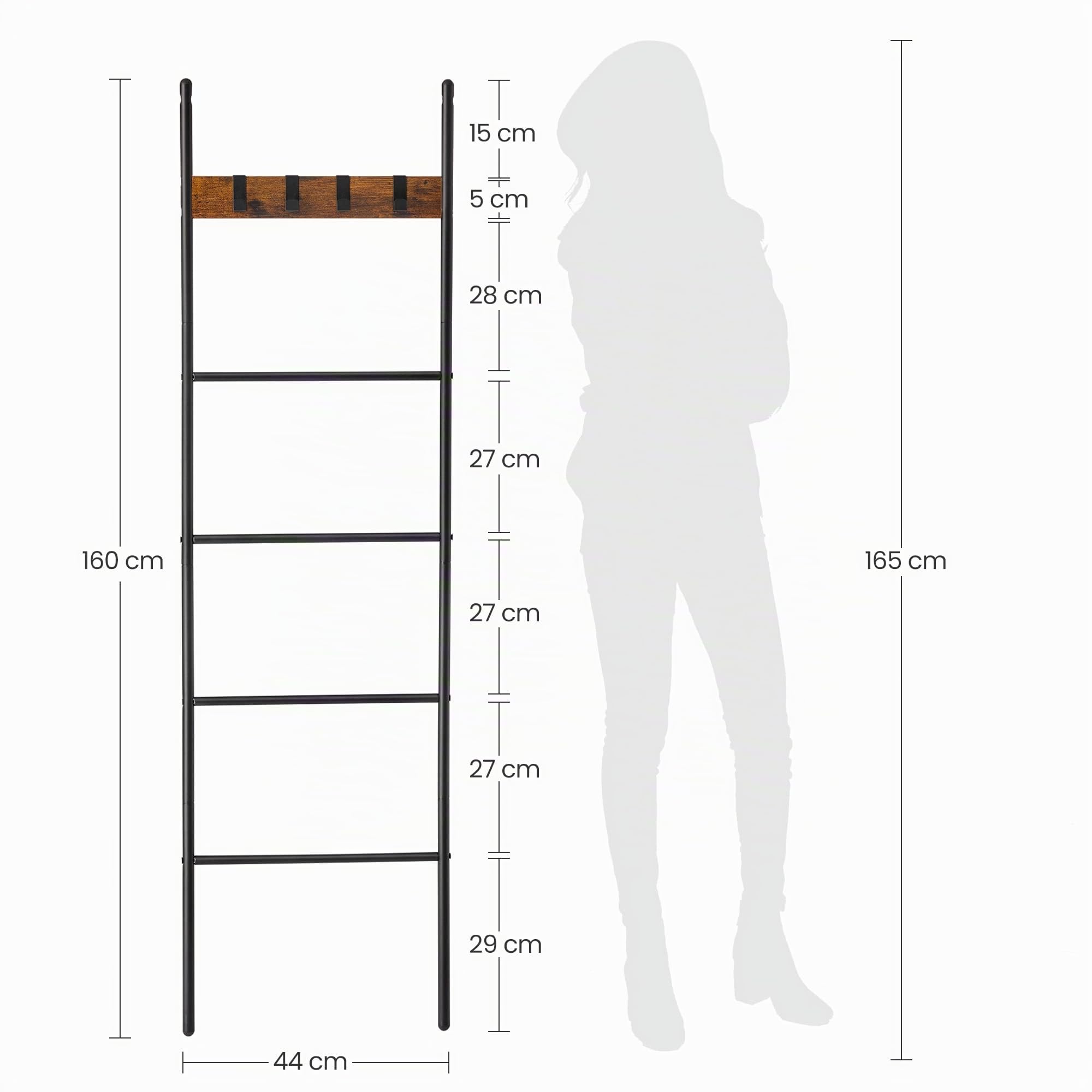 VASAGLE Étagère échelle inclinée, Porte-serviettes, 5 niveaux, 44 x 160 cm, gain de place, cadre en acier, 4 crochets, pour couvertures, serviettes, style industriel, Marron Rustique et Noir LLS016B01