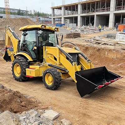 Heavy Duty Compact Wheel Backhoe Loader with Hydraulic Front Bucket and Rear Excavator Arm, Mini Loader Backhoe for Construction, Trenching and Earth Moving