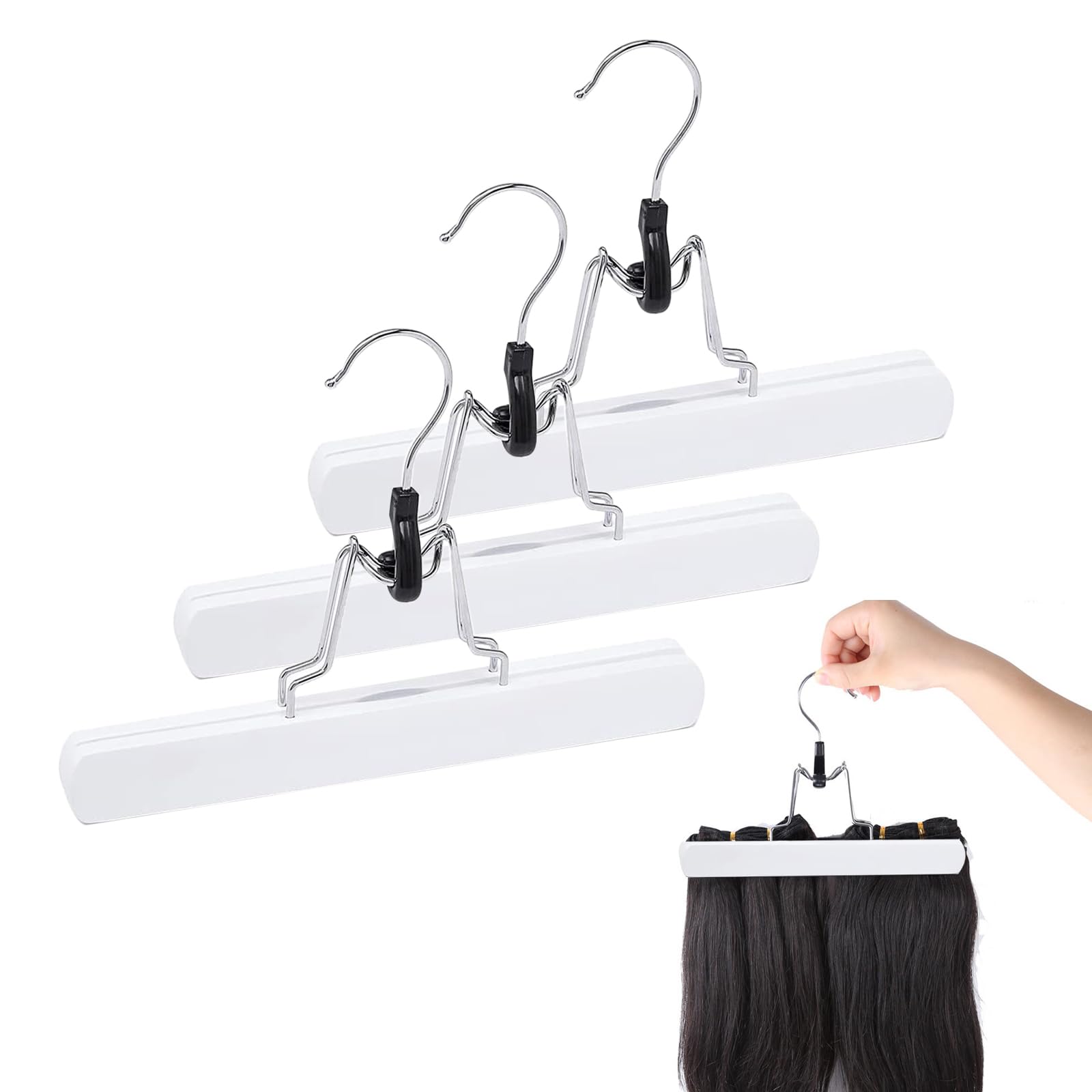 SUNTRADE Wooden Pants Hangers, Slack Hanger with Anti-Rust Hook for Skirts, Shorts,Pants, Jeans, Slacks, Hair Extension Hanger,Set of 3 (White)