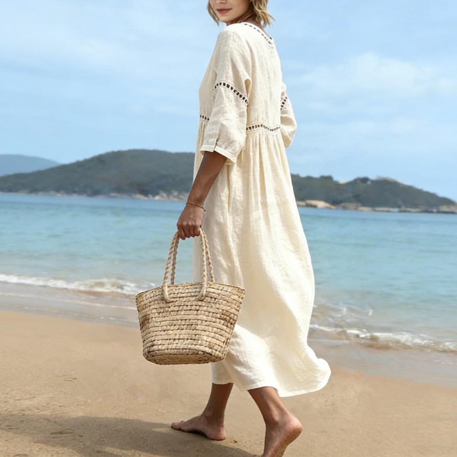 Robe Femme Été Longue Robe en Lin Coton Vêtement Femme Chic Robe Tunique Ample Col V Broderie Robe de Plage Bohème Manches 3/4 Légère Fluide Hippie Rétro Casual