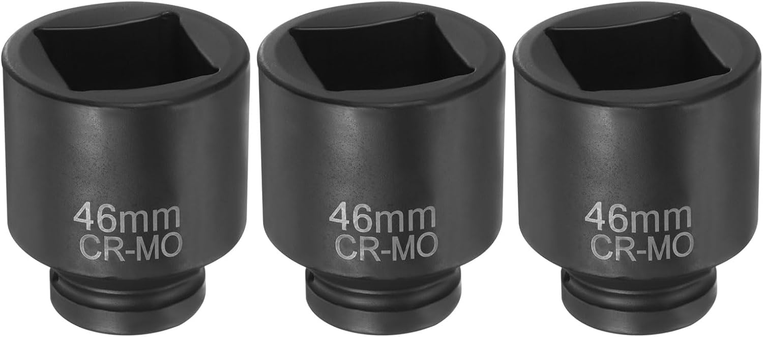 HARFINGTON 3pcs 4 Point Square Socket 1" Drive 46mm Metric Square Impact Socket CR-MO Blackening Standard Wheel Sleeve Pneumatic Sleeve Tool for Auto Repair Mechanical Maintenance Home Use