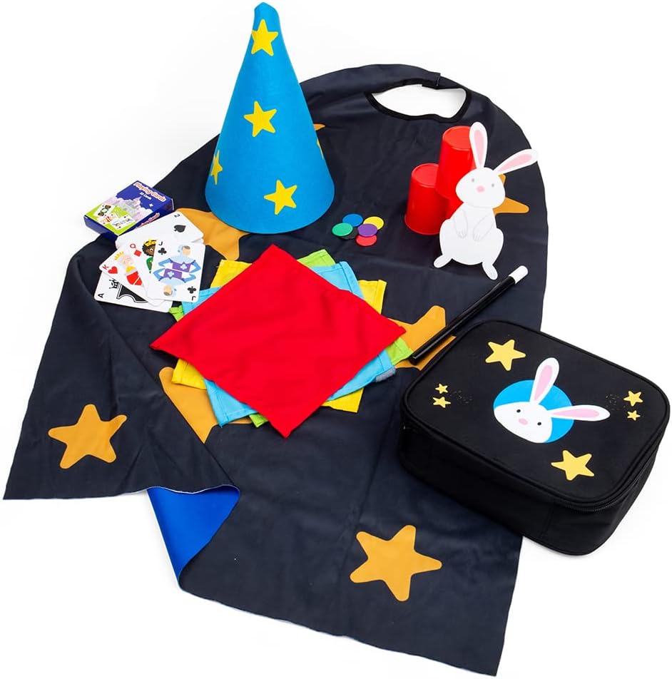 Bigjigs Toys Magic Kit - 12 Piece Kids Magic Set with Star Cape, Magic Wand, Top Hat, Rabbit & Magic Tricks for Kids, Magician Dress Up Set, Pretend Play Gift for 3+
