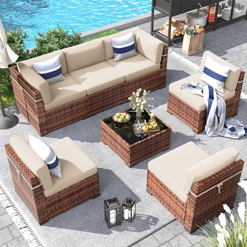 Recopilación de Muebles de Jardin Walmart los mejores 5. 46 Juego de muebles de patio, 7 piezas, juego modular de conversación para exteriores, sofá seccional de mimbre para todo tipo de clima, sofá de ratán para porche, jardín, patio,...