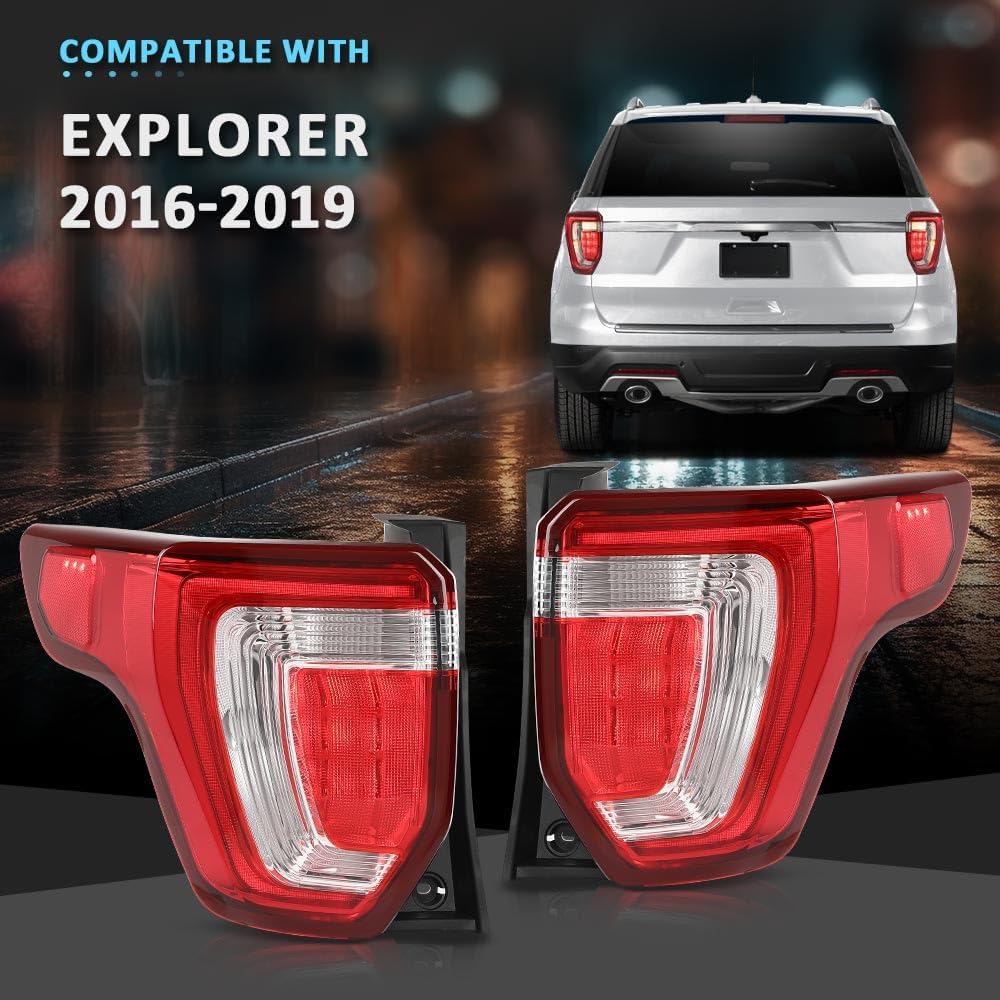 Tail Lights Assembly Pair Compatible With Ford Explorer 2016 2017 2018 2019 Rear Tail Brake Lamps OE Style Replace FB5Z13404A FB5Z13405A Driver & Passenger Side Clear & Red Lens