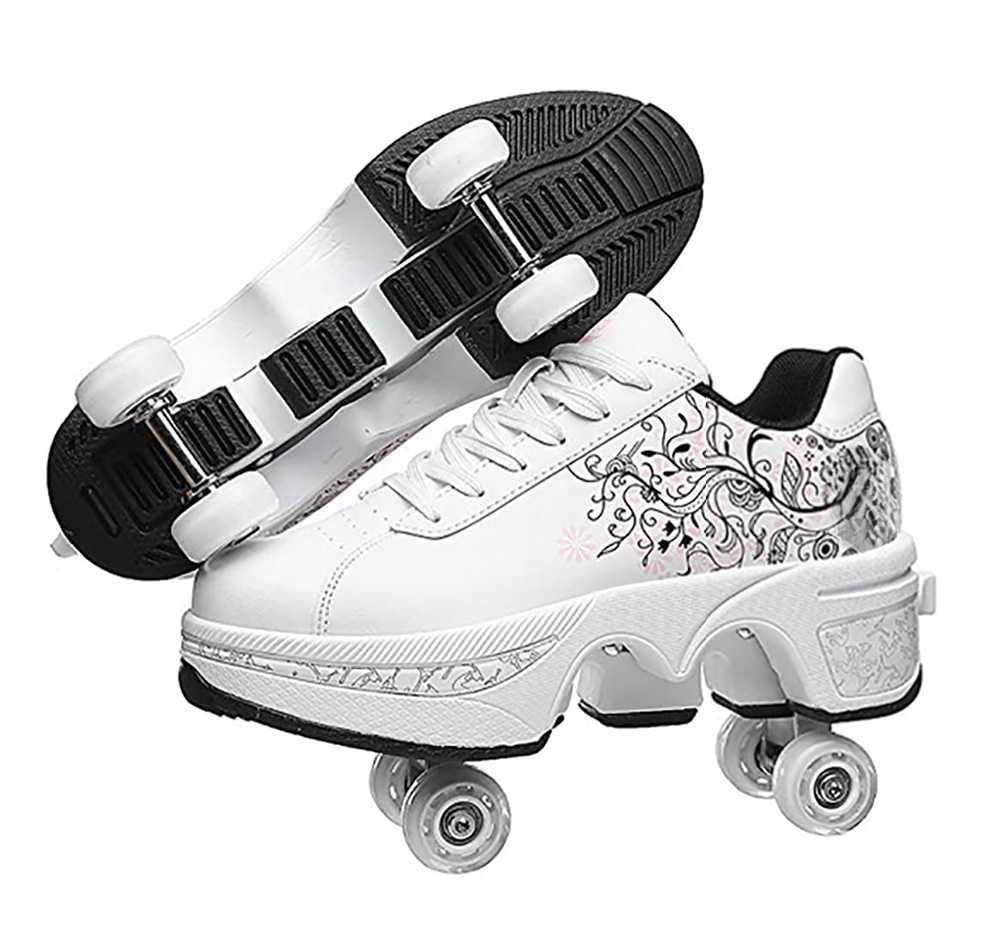 Scarpe da ginnastica con ruote, per bambini, skateboard, scarpe da ginnastica multiuso 2 in 1 pattini, scarpe da ginnastica Quad Rued Sneakers alla moda, regalo di compleanno per bambini e ragazze