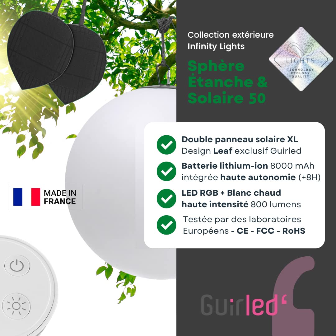 GuirLED - Sfera solare Sfera luminosa LED IP55 RGB Premium XL - Ricaricabile Sole/settore - Telecomando - Lampada da giardino - Fissaggio sugli alberi - Diffusione 360°- Made in France - 50 cm
