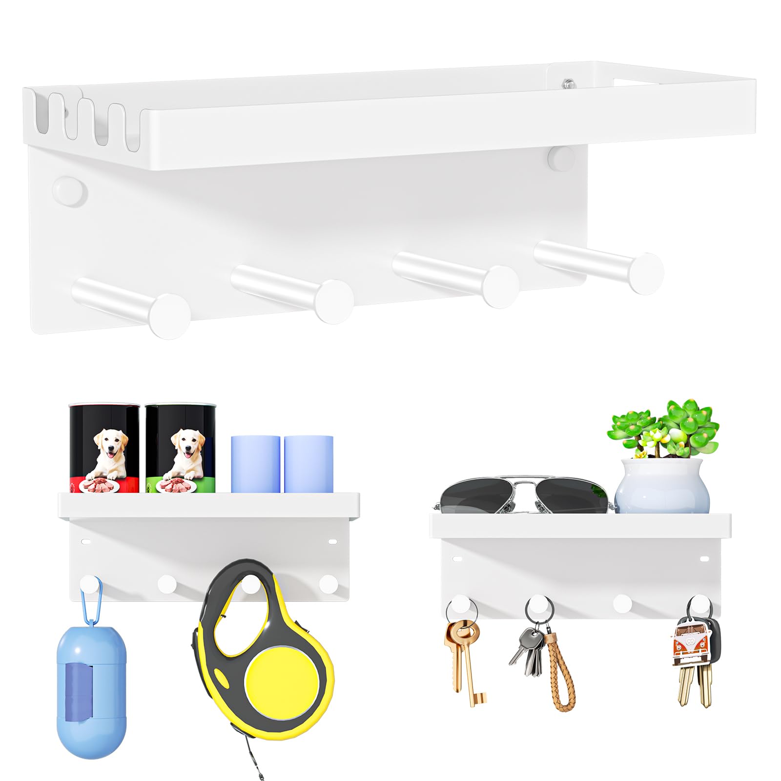 YYBO Key Holder for Wall with 4 Key Hooks, Dog Lead Hooks, Metal Key Rack with Shelf, Home Decor Key Hangers Mail Rack Organizer for Entryway, Hallway, Office, Drilling or Self Adhesive (White)