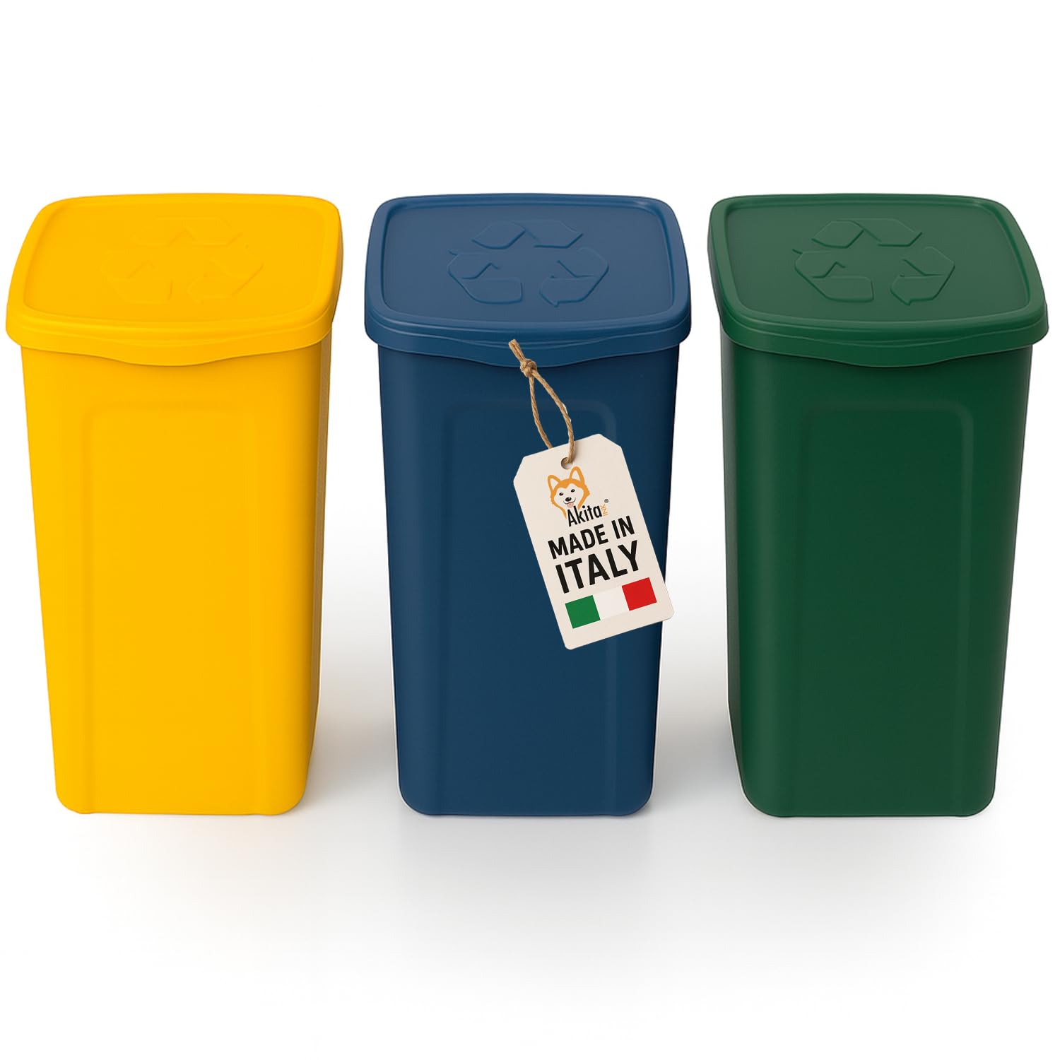 AKITAINK Set 3 contenitori Pattumiere da 50L - Totale 150 litri, per raccolta differenziata - Bidoni multicolore in plastica resistente, ideali per cucina, giardino e ambienti esterni - Made in Italy.