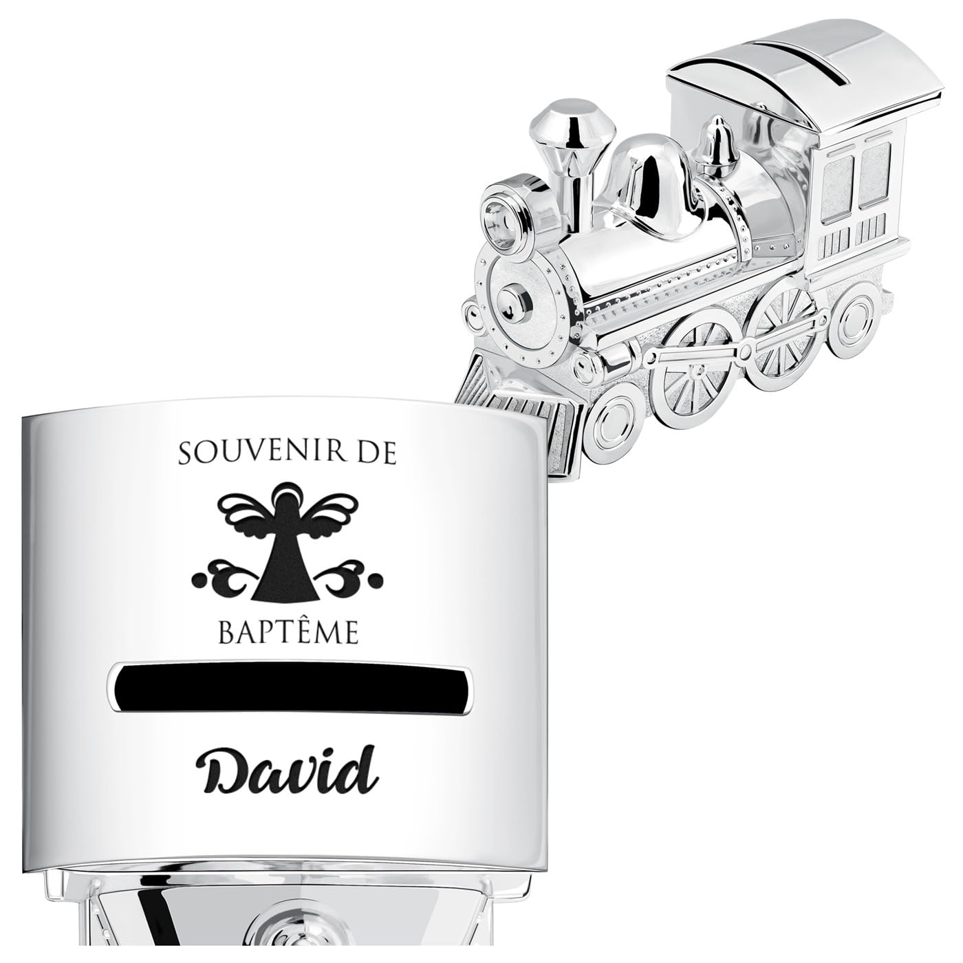 Maverton Tirelire Personnalisable en Métal Argenté pour garçon - Tirelire Enfant Épargne en Forme de Locomotive pour pièces et Billets - Cadeau Anniversaire Fille - Noël - Souvenir de baptême