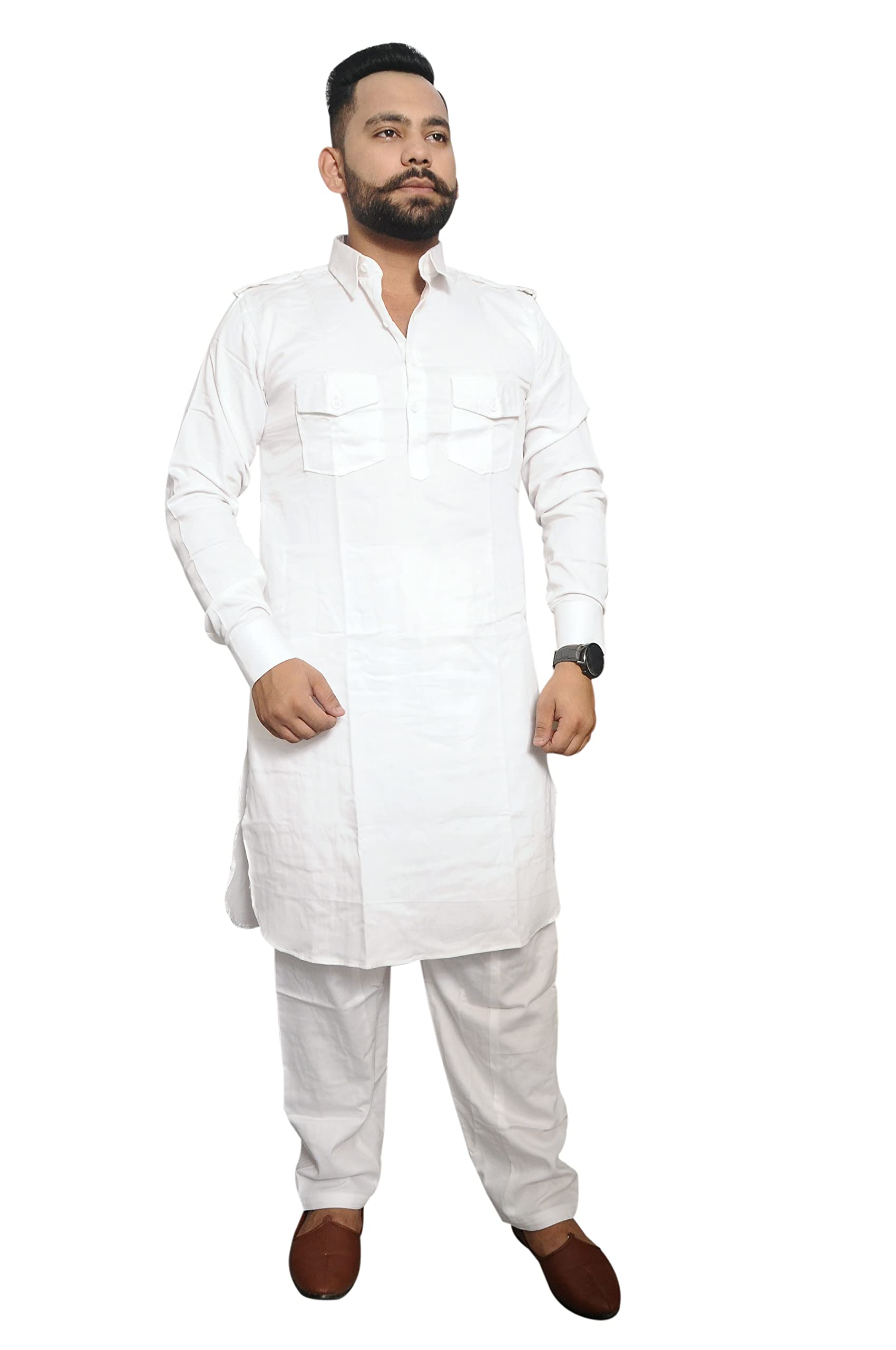 preen White Double Pocket 100% Cotton Pathani Suit/Kurta Pajama (Set)-picture-30