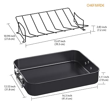 CHEFMADE Turkey Roasting Pan with V Rack, 16 Inch Deep Roasting Pan, Deep Lasagna Pan for BBQ Vegetbale and Meat 16 x 12.8 x 3 (Black)