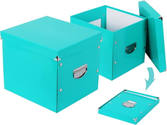2 Pack Storage Box with Lid Large Cube Organizer Storage Box Foldable Storage File Box Collapsible Storage Boxes Decorative with Handle Cardboard Storage Cube for Office Desk Home Clothing Toy (Mint)