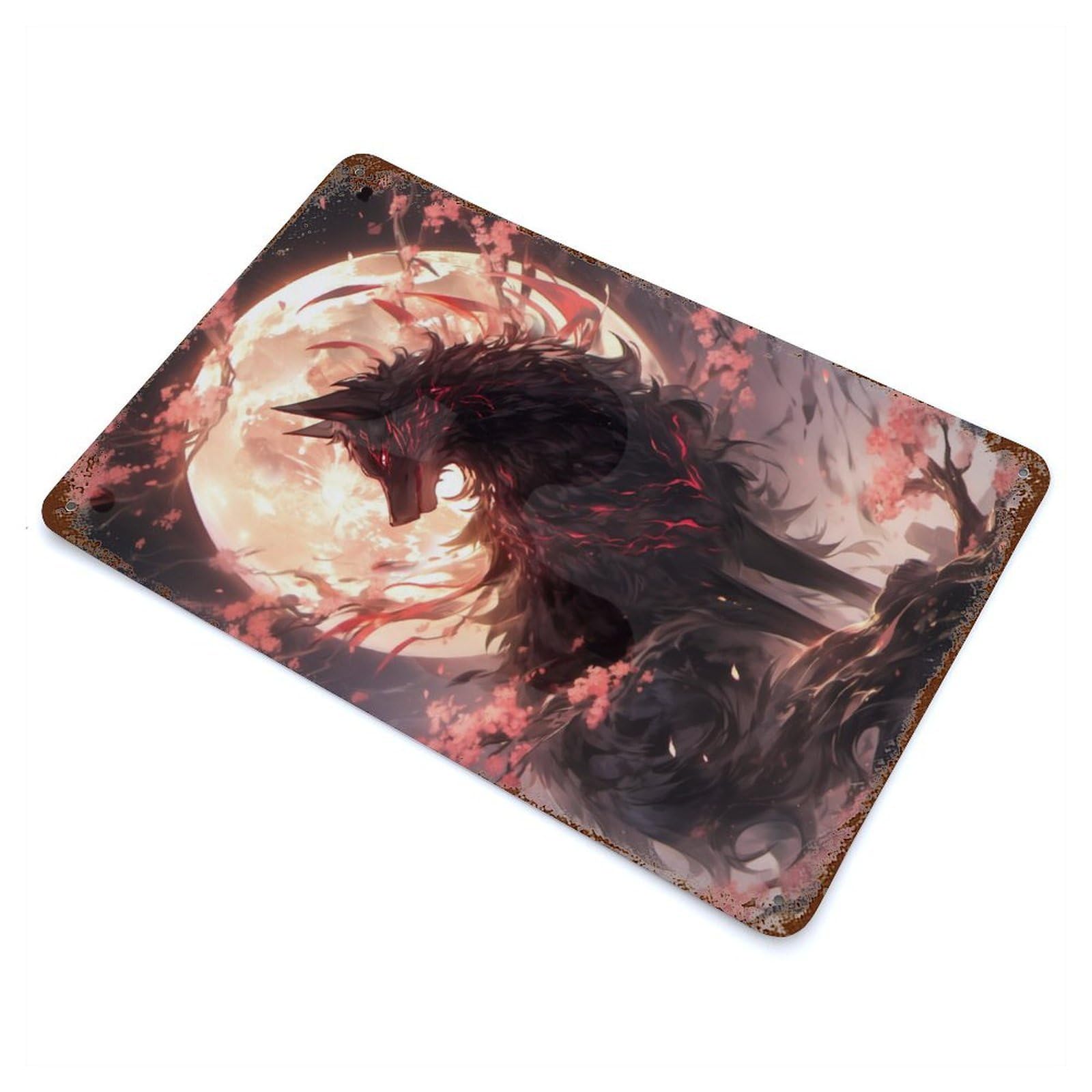Black Sakura Kitsune Rust Effect Tin Sign 11.8"x7.9", Ideal for Garage, Bar And Workshop Decor