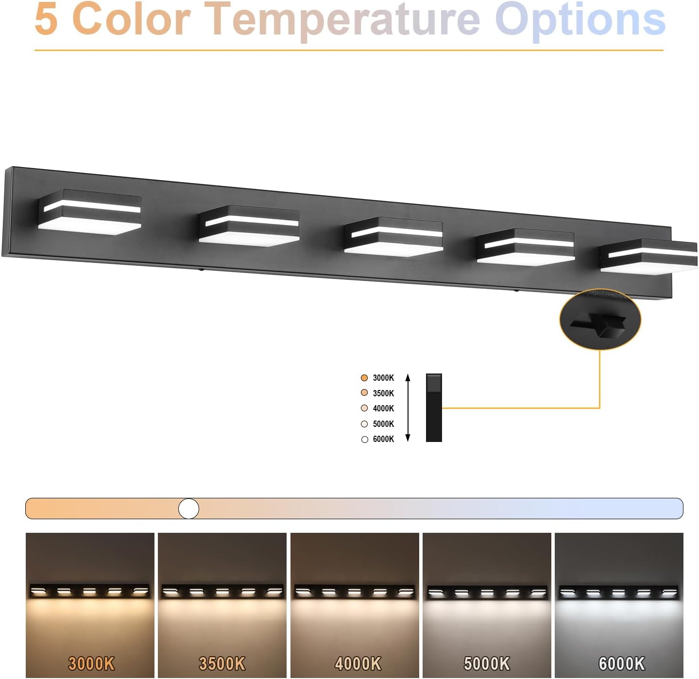 SineRise LED Modern Bathroom Vanity Light Fixtures (5-Light, 40-Inch)(5CCT, Dimmable), Matte Black Modern Acrylic Bathroom Wall Lighting Fixtures Over Mirror (3000K/3500K/4000K/5000K/6000K)