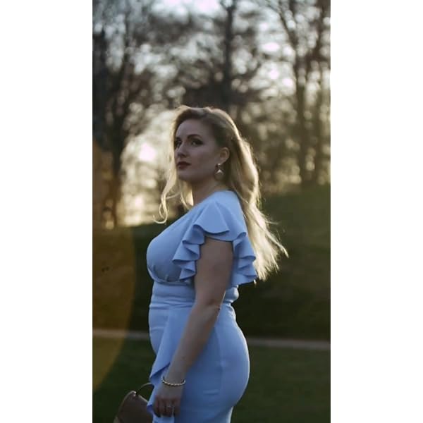 Knitee Women's Deep-V Neck Ruffle Sleeves Cocktail Party Pencil Slit Formal Dress (A-Black, Large)