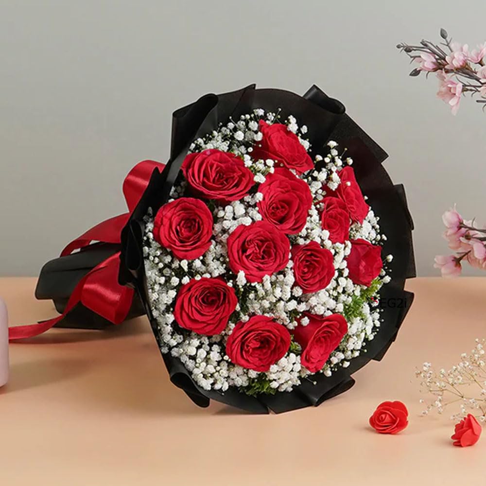 EG2i Eternal Bloom – Round Bunch of 12 Red Roses with Green Fillers, Perfect for Birthday, Anniversary, Love, Valentine’s Day, Gifts for Girlfriend & Boyfriend, Same-Day Delivery