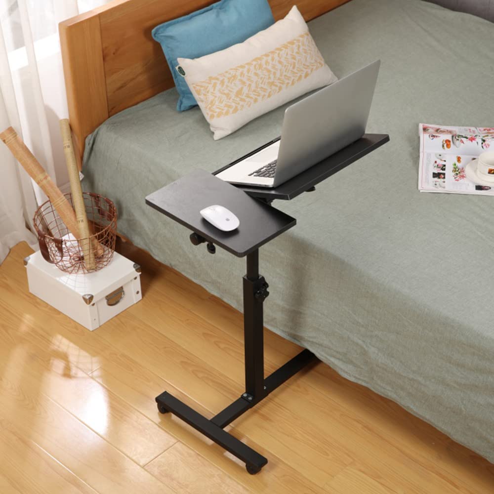 Table Roulante Pour PC Portable - Hauteur Réglable 58-90 Cm - Plateau 60x34,5 Cm - Bois Et Métal Noir