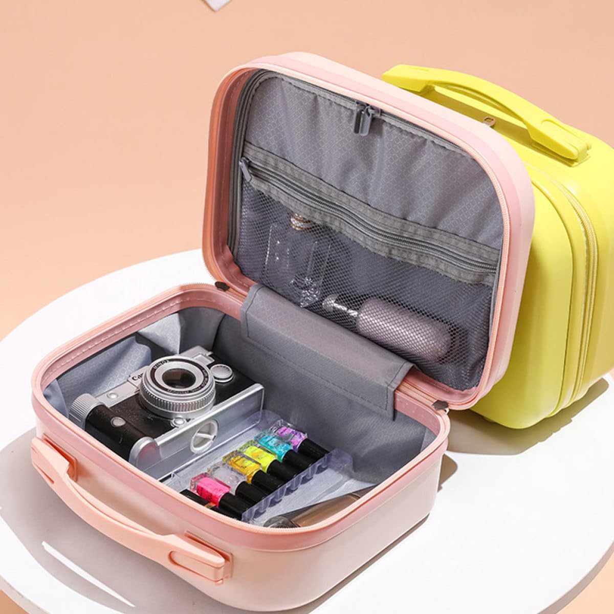 Beavorty Kleiner Make Up Koffer Damen 14 Zoll Kosmetiktasche Reise Kulturbeutel Pink Umweltfreundliches Material Handliches Make Up Etui für Kosmetikaufbewahrung