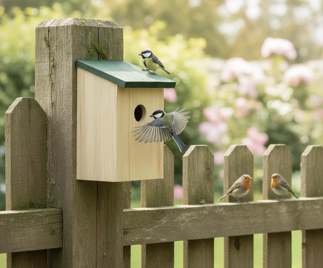 Almineez Bird House Wooden Wild Small Wood Nesting Box Nesting Handy Home Garden Pressure Treated for Wild Birds Sparrows Blue Tits Robin with Traditional Hinged Roof