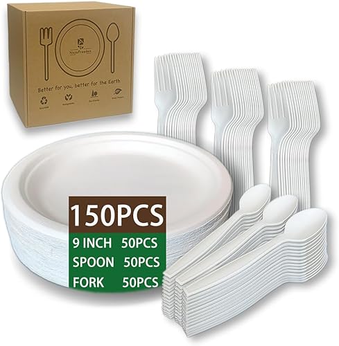 Miniatura 1 de Juego de 200 platos y utensilios desechables biodegradables, platos de papel compostables, tenedores, cucharas, cuchillos, cubiertos ecológicos,