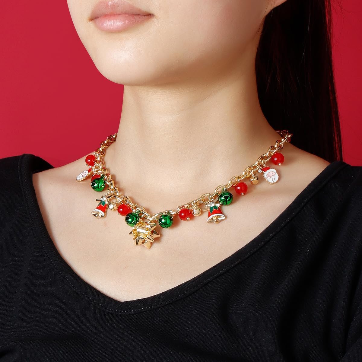 Christmas Necklace for Women Christmas Snowflake Bell Christmas Tree Pendant Necklace X-Mas Jingle Bell Pendant Necklaces Chunky Red Christmas Chokers Necklace Christmas Birthday Party Costume Jewelry - Image 3