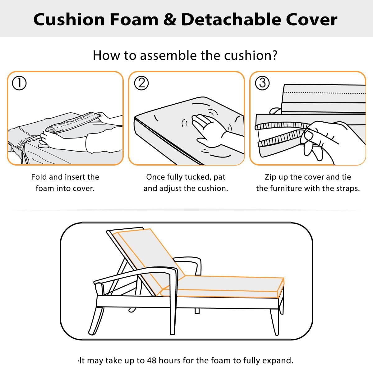 Sundale Outdoor Olefin Chaise Lounge Cushion Set of 2, Water-Resistant Patio Lounge Chair Cushion, Thick Lounger Pad with 4 Straps Khaki, 80 x 26 x 6 Inches