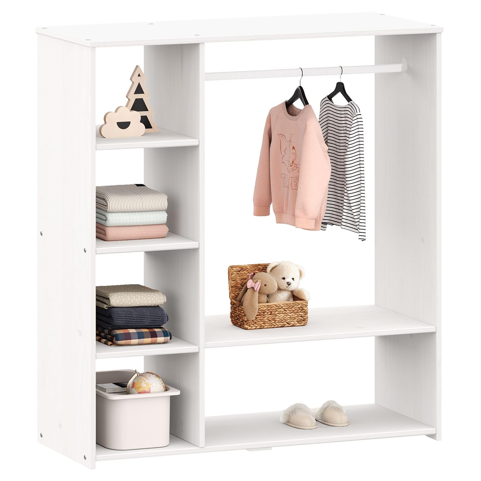 IDIMEX Kinderschrank Rafael mit Kleiderstange aus Kiefer - Weiß. Offener Schrank mit Fächern und Ablagen, Skandinavisches Design, Kinderregal nach Montessori Prinzipien