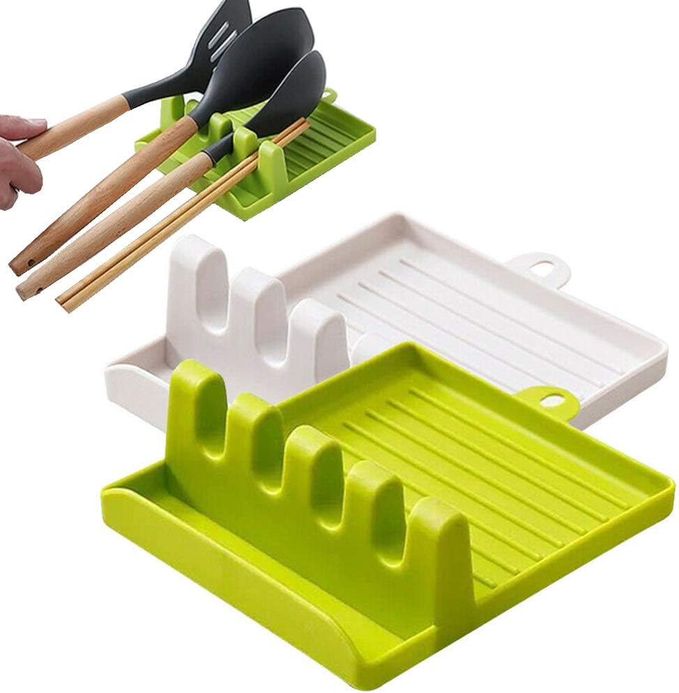 Kitchen Utensil Rest, Spoon Rest Kitchen Utensil Set Upgrade Hanging Design Heat-Resistant Free Spoon Holder for Spoons, Ladles, Tongs & More - 2 Pack (White & Green)