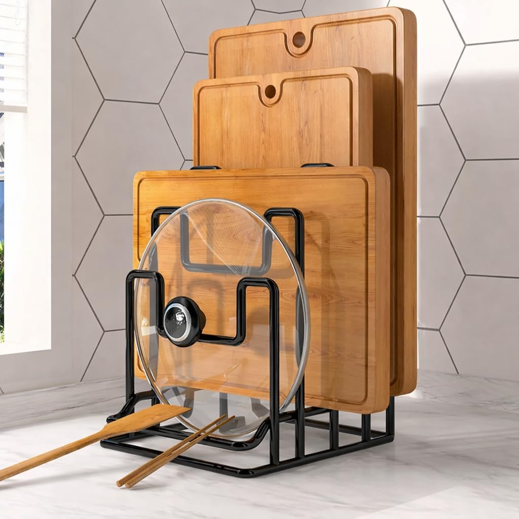 Vervique Emporium Multipurpose Pan, Pot & Lid Organizer Rack | Rust Proof Iron Kitchen Storage Stand for Plates, Chopping ...