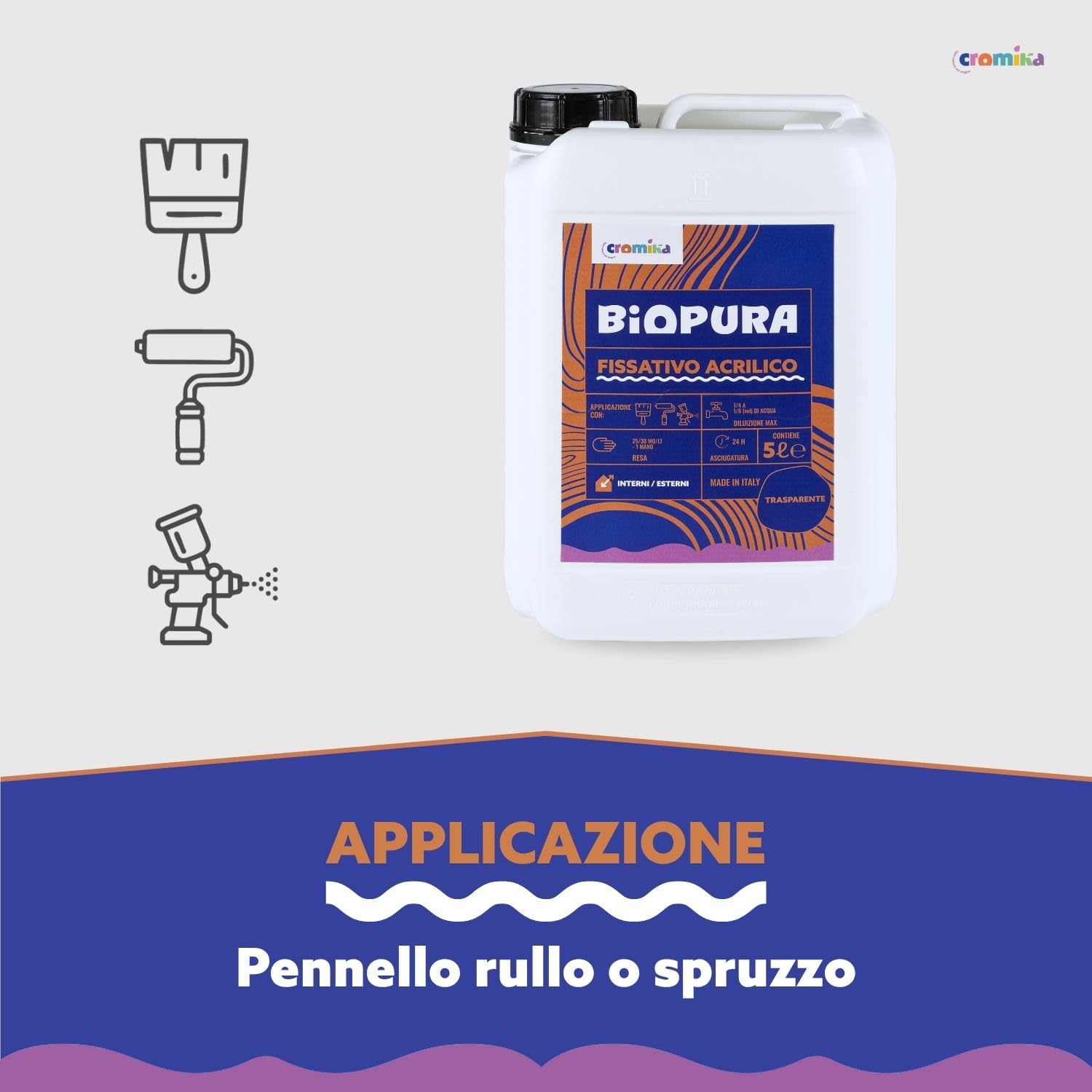 Cromika BIOPURA Fissativo Acrilico Trasparente per Interni ed Esterni, Isolante ad Acqua per Muri Made in Italy (Trasparente, Litri 5)