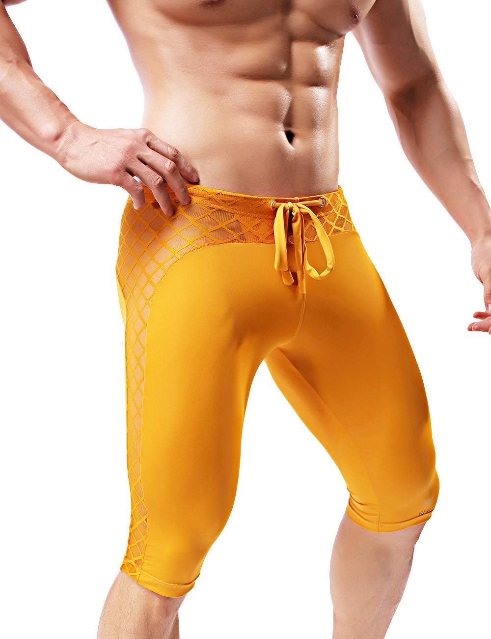 MIZOK Men's Soft Mesh Cool Dry Compression Yoga Workout Tight Shorts (S Fit Waist Size 26-28inch, Yellow) - Image 2