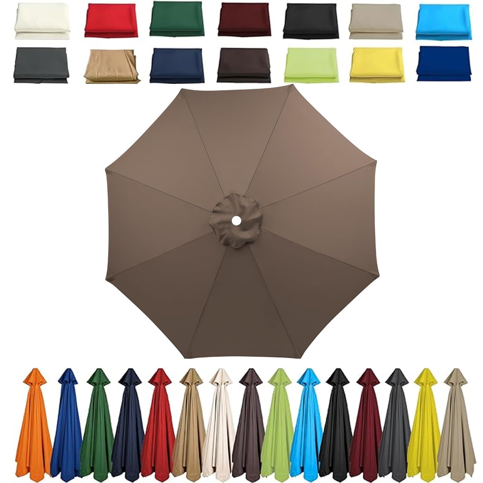 Garden Parasol Umbrella 4m/3.5m/3m/2.7m/2.5m/2.3m/2m Patio Outdoor Sun Shade Replacement Canopy 6 Arms/8Arms for Beach Pool Lawn Backyard Deck Waterproof UV 50+ (Brown,8ribs:3.5M/11.5ft)